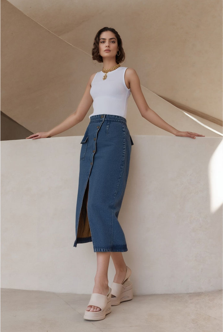 Blue High Waist Front Slit Skirt