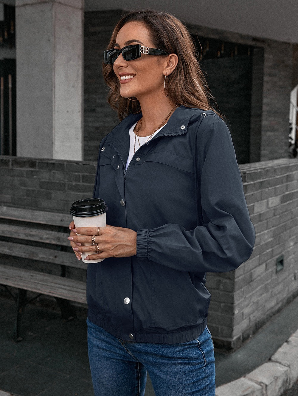 Navy Blue Casual Lightweight Hoodie Jacket