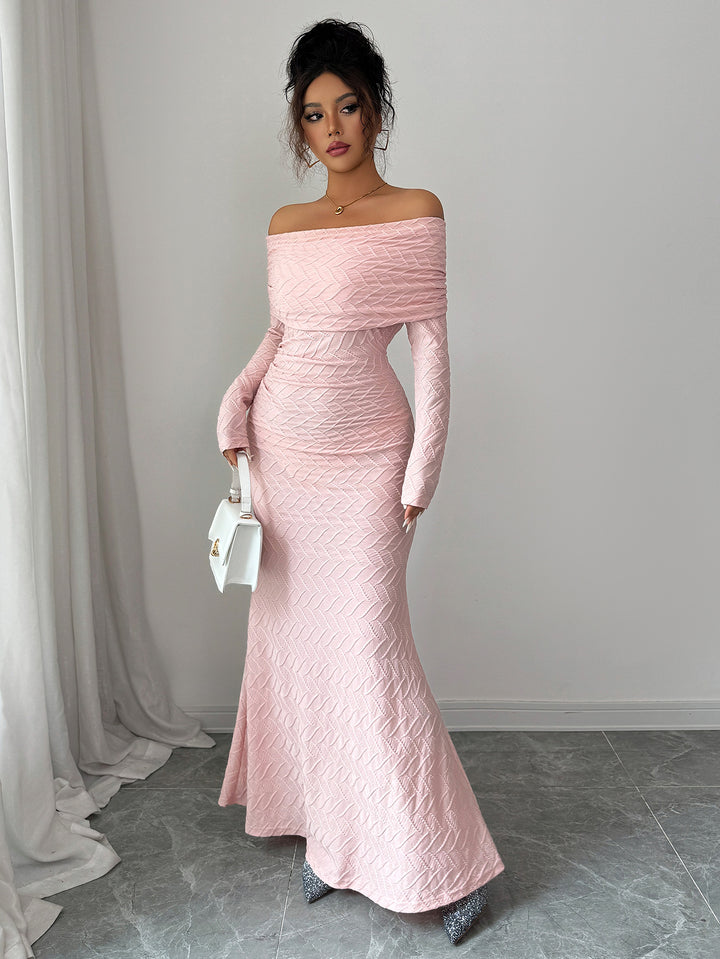 Pink Off-Shoulder Fit & Flare Evening Dress
