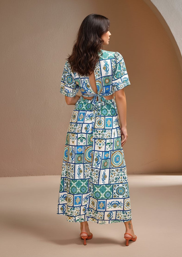 Blue Short Sleeve Abstract Print Dress