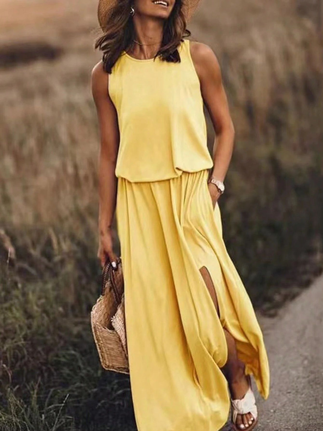 Yellow Half Sleeved Relaxed Fit Slit Dress
