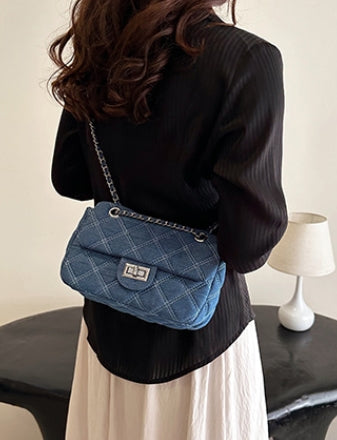 Blue Quilted Denim Chain Flap Bag