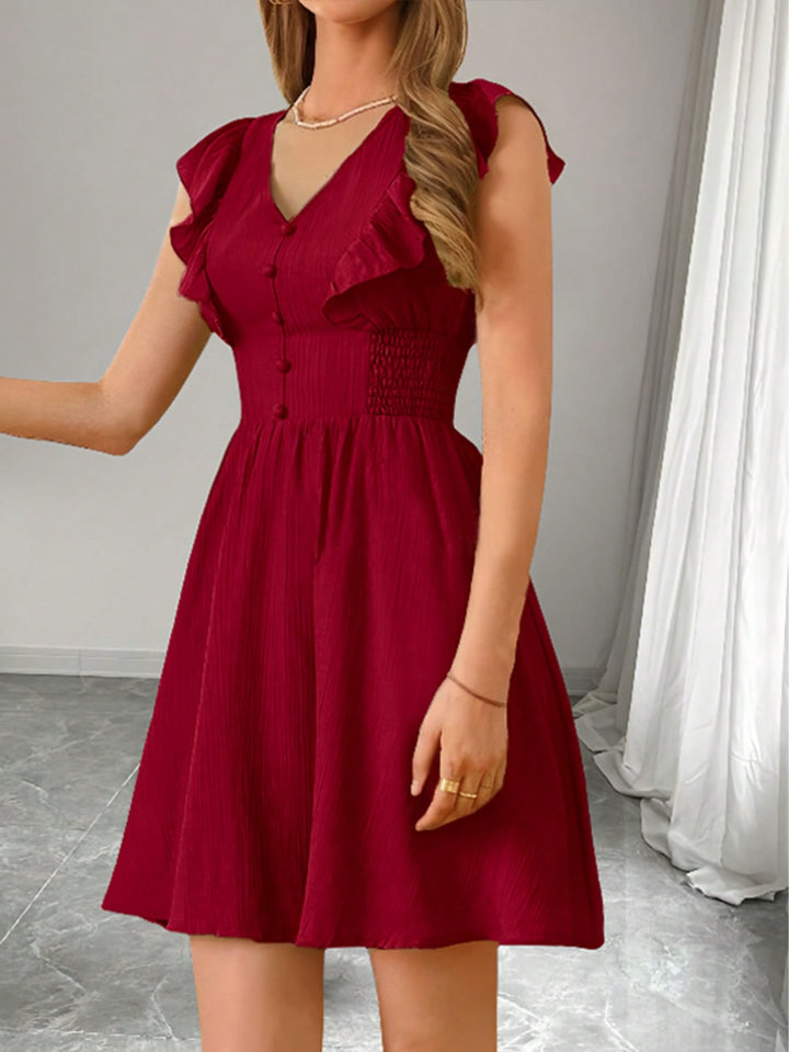 Red Ruffle Sleeve V-Neck Dress