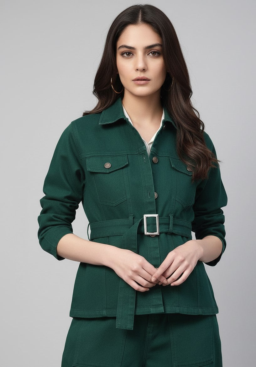 Dark Green Full Sleeve Waist Tie-Up Jacket