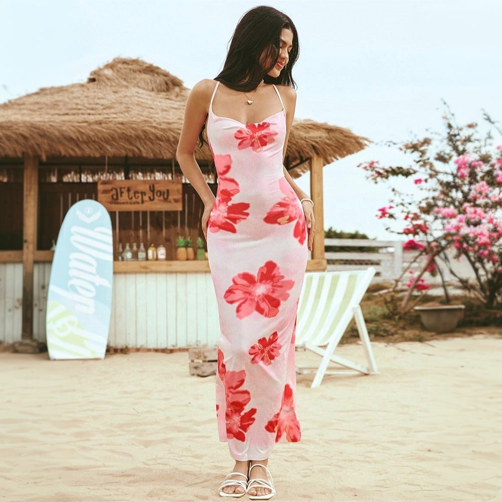 Pink Shoulder Strap Back Tie-Up Detail Dress