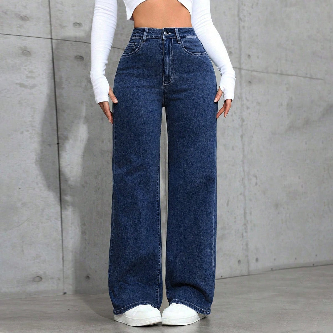 Blue Dark Washed Basic Wide Leg Jeans