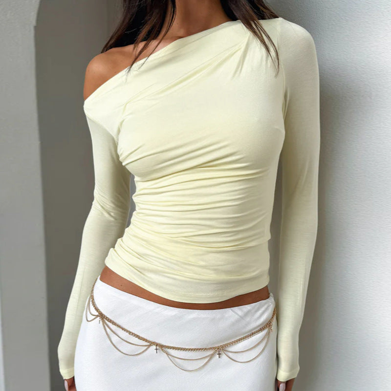 Yellow One Shoulder Full Sleeves Fitted Top