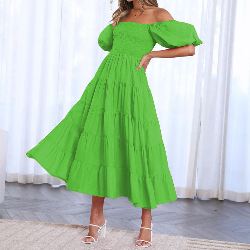 Green Puff Sleeves Midi Dress