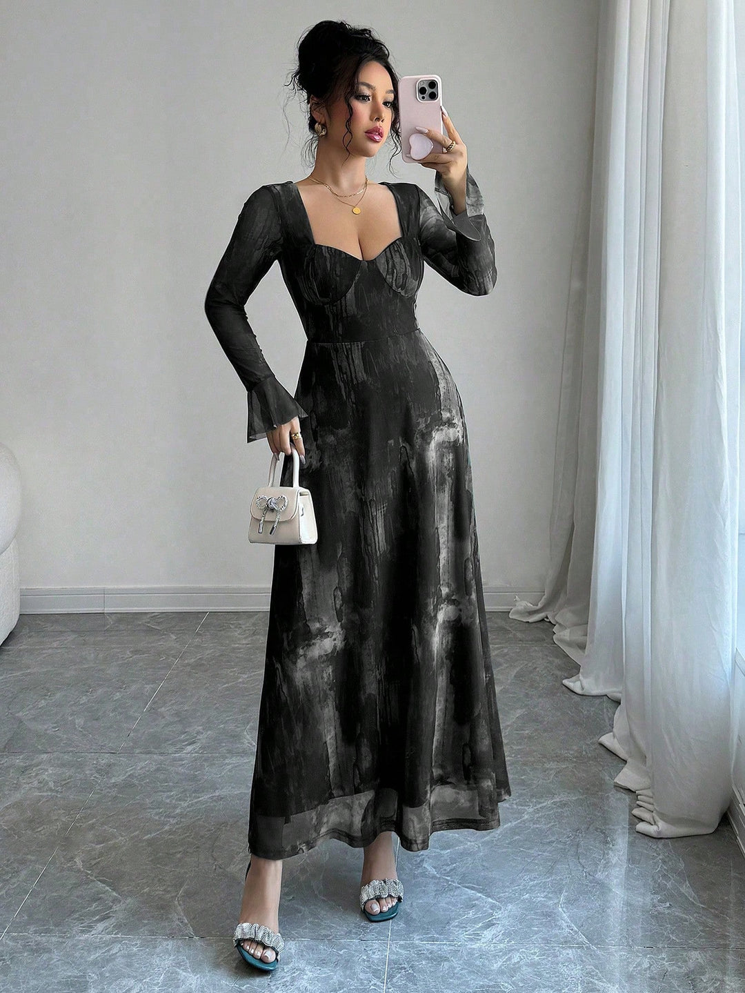 Black Sweetheart Neck Flare Sleeve Maxi Dress