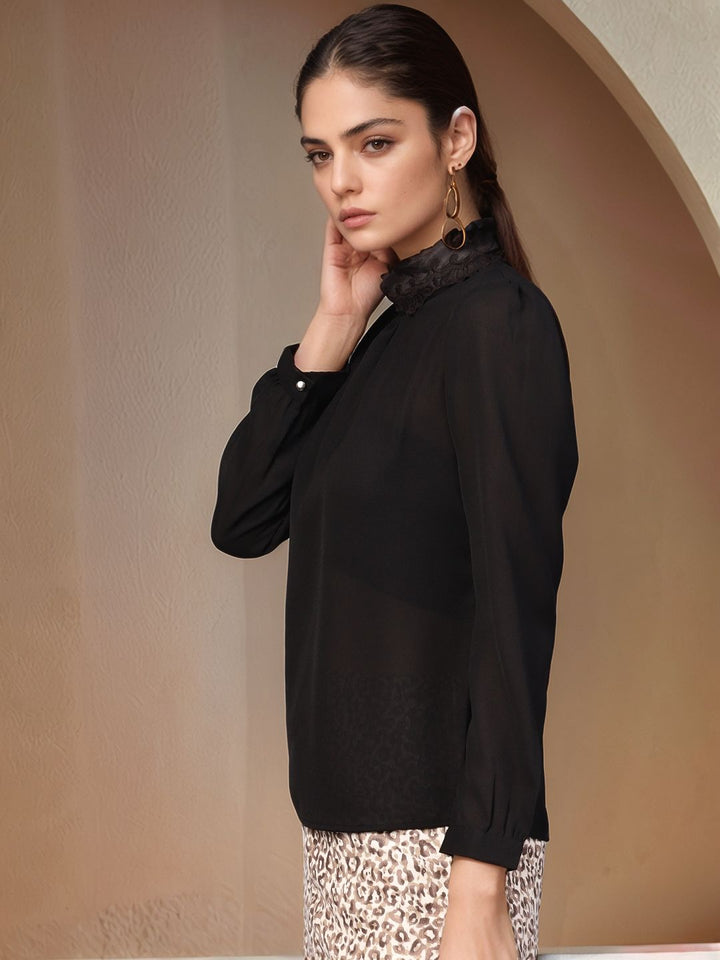 Black Full Sleeve High Neck Mesh Top