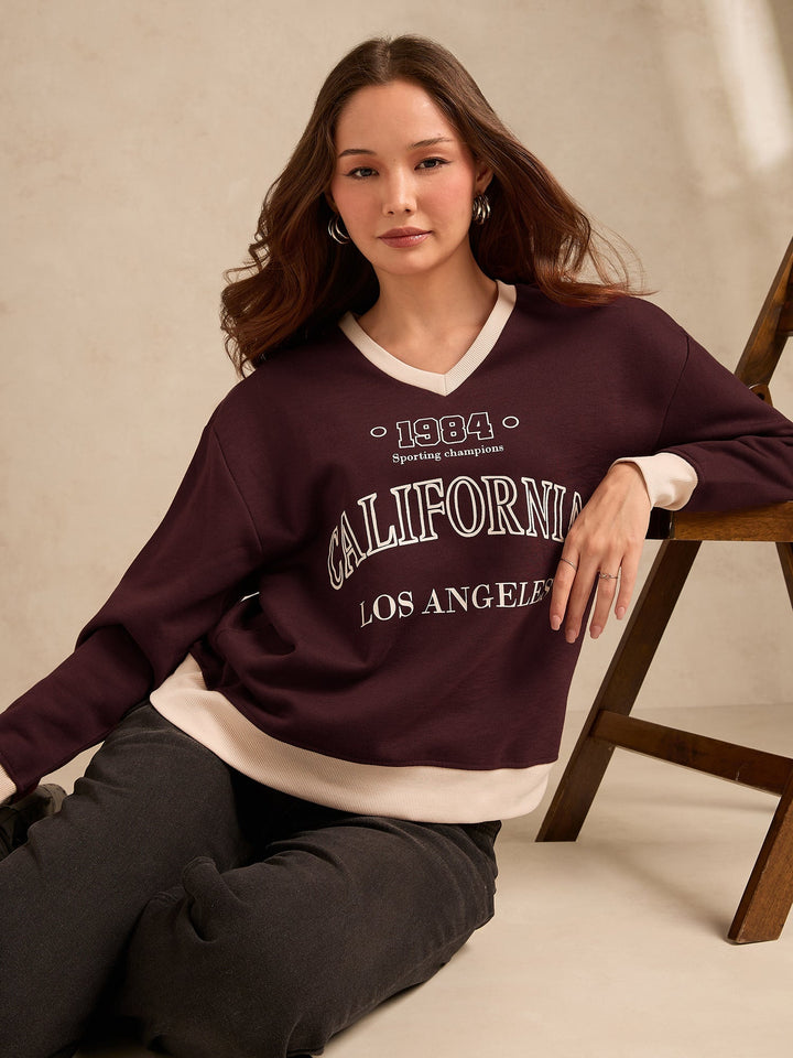 Brown Contrast Neck Graphic Russian Fleece Pullover