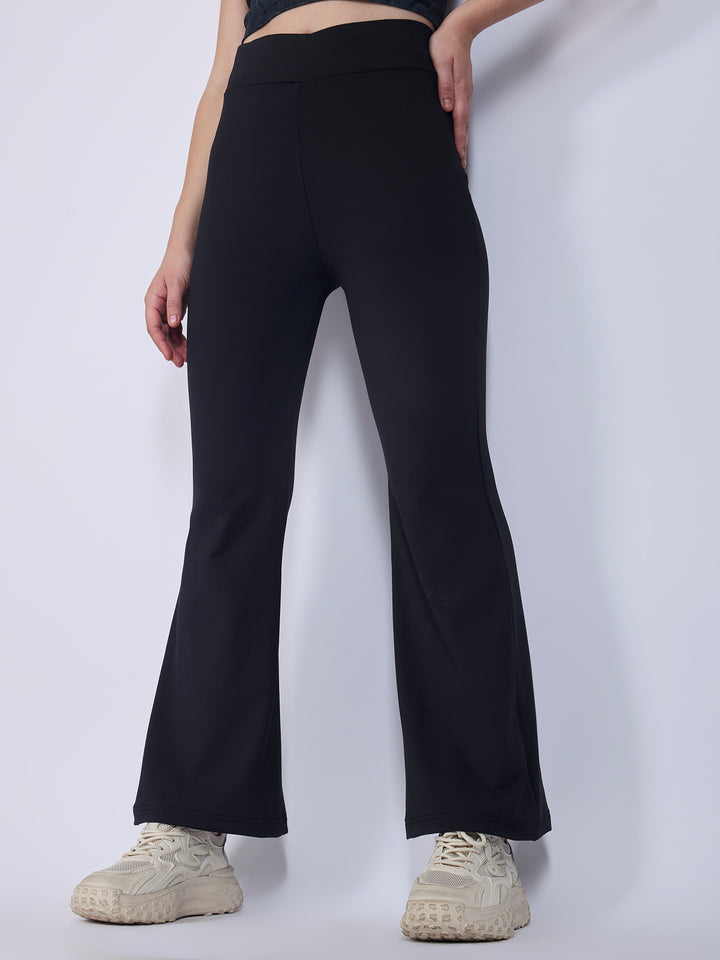 Black Criss Cross Waist Band Flared Leggigns