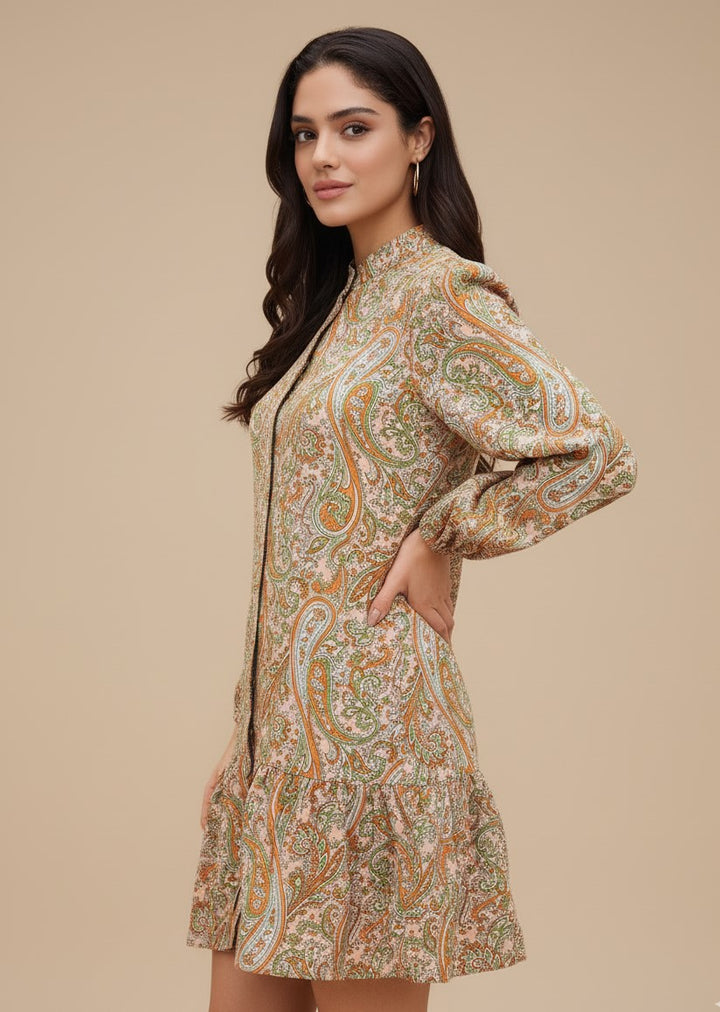 Peach Bishop Sleeve High Neck Abstract Printed Dress