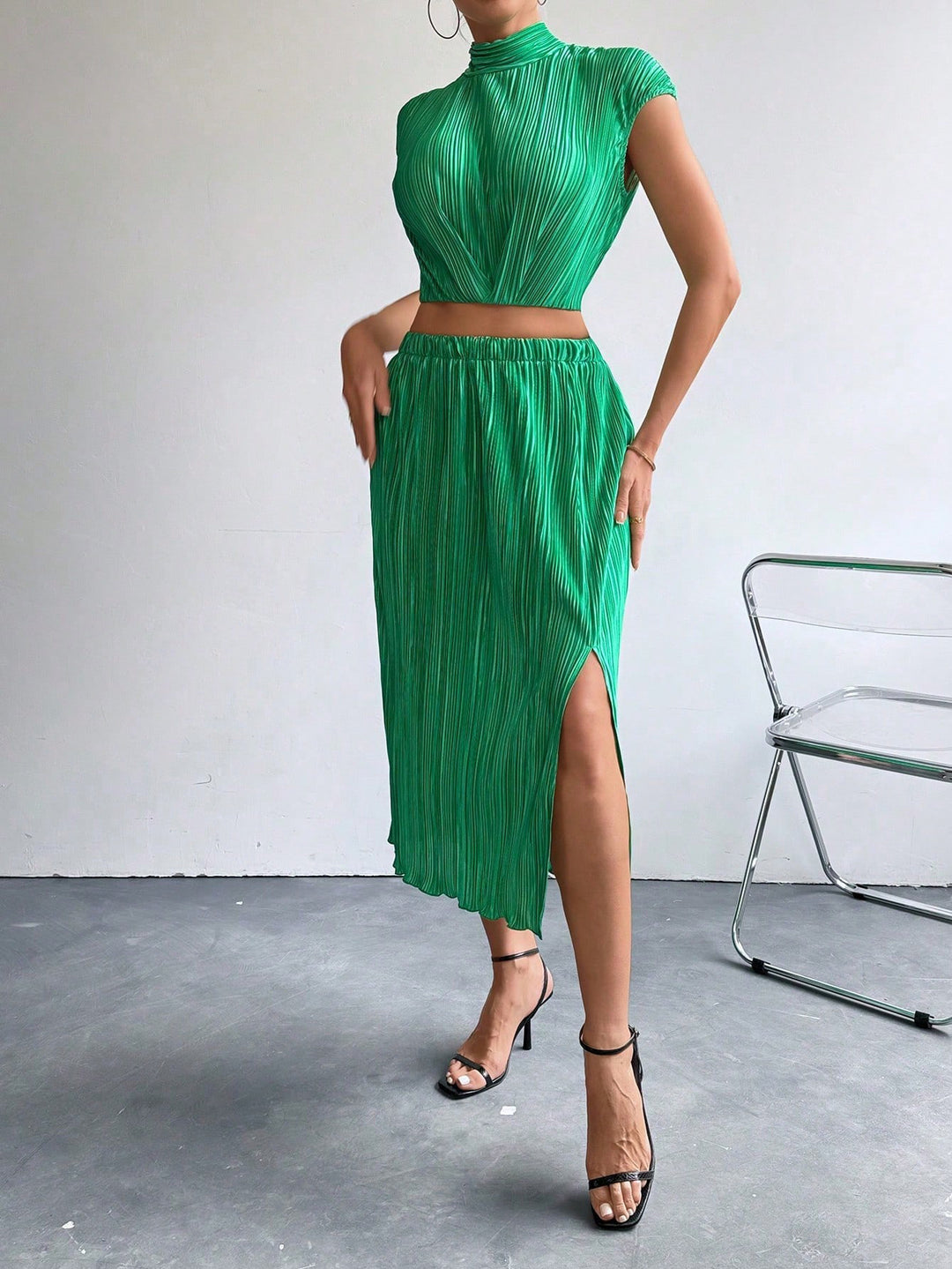 Green High Neck Top And Skirt Co-Ord Set