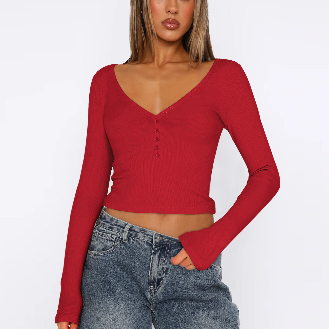 Red Buttoned Down V Neck Top
