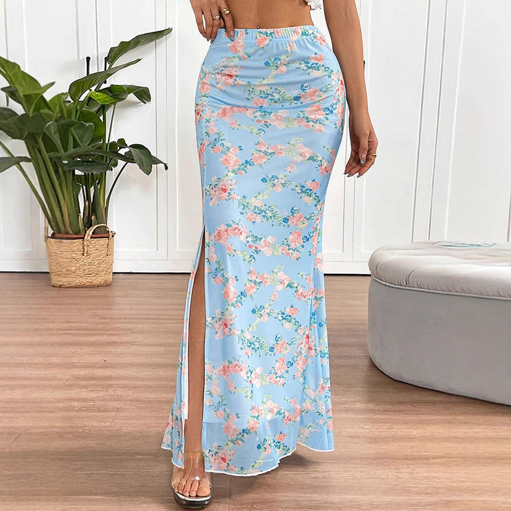 Blue Printed Mesh Fishtail Skirt