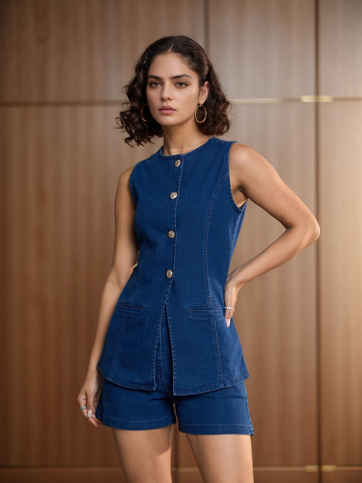 Navy Blue Sleeveless Front Buttoned Top And Shorts Set