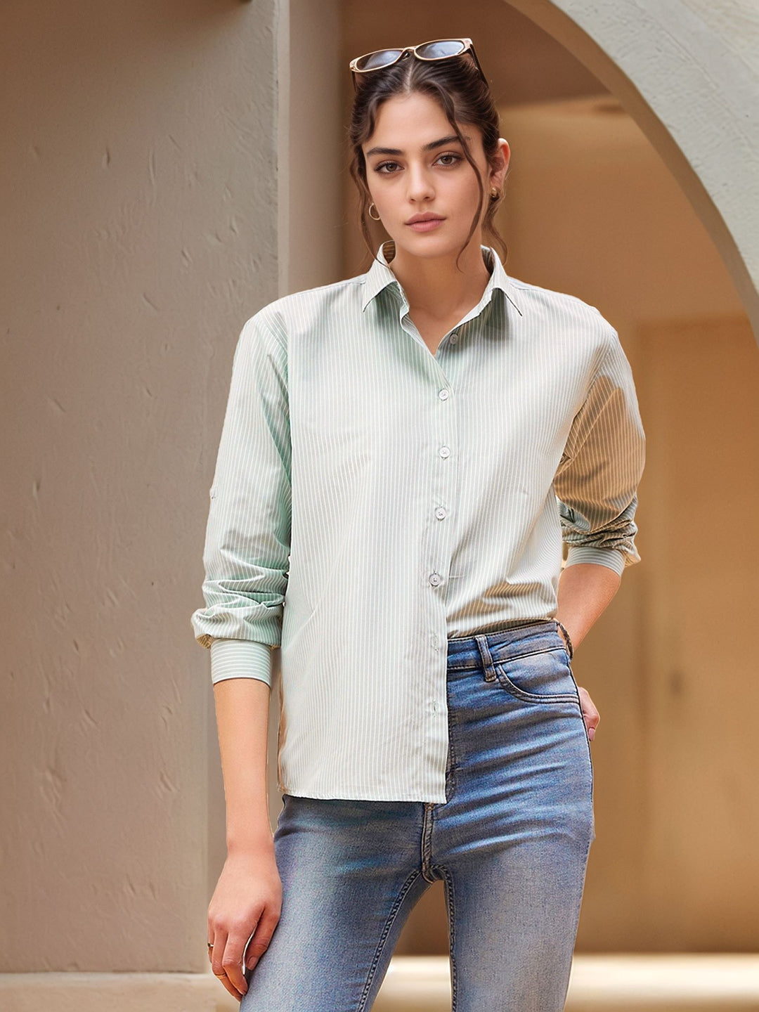 Green Full Sleeve Collared Front Buttoned Shirt