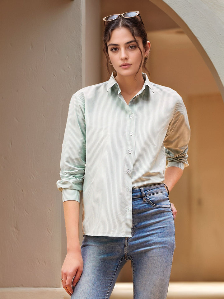 Green Full Sleeve Collared Front Buttoned Shirt