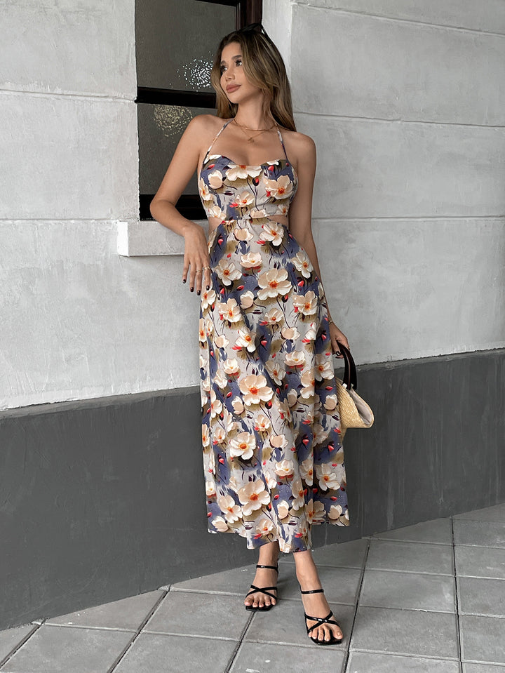 Blue Printed Waist Cut-Out Detail Dress