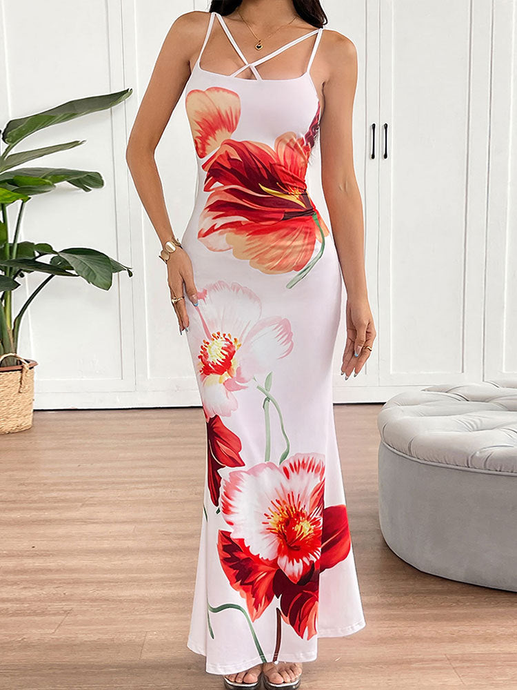 Multi Criss Cross Neck Detailing Floral Dress