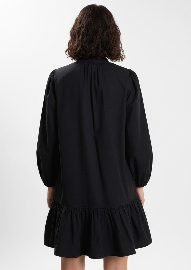 Black Bishop Sleeve High Neck Ruffle Hem Dress