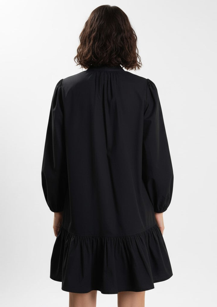 Black Bishop Sleeve High Neck Ruffle Hem Dress