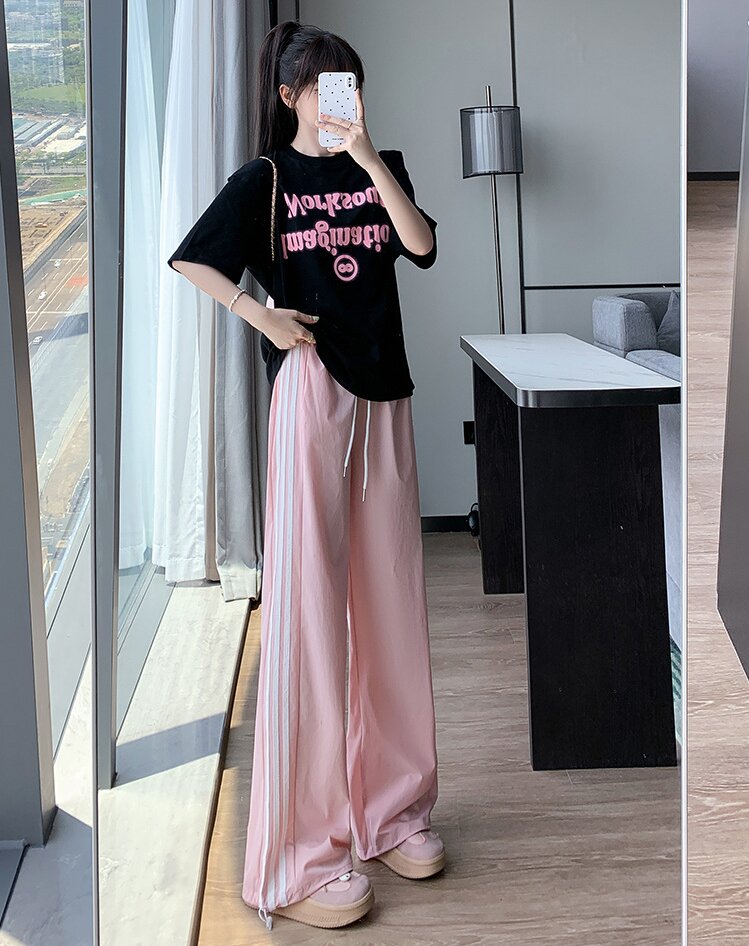 Pink Wide Leg Drawstring Stripe Joggers