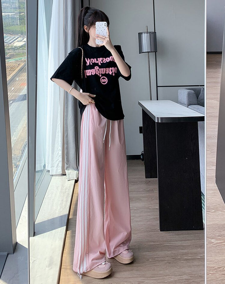 Pink Wide Leg Drawstring Stripe Joggers
