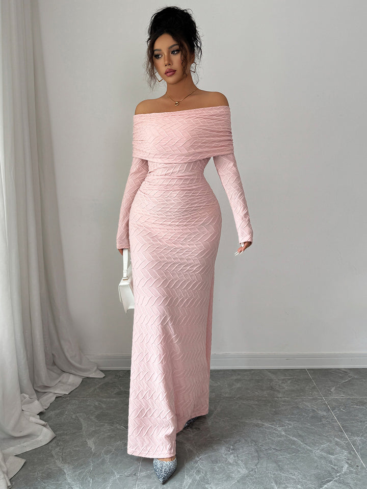 Pink Off-Shoulder Fit & Flare Evening Dress