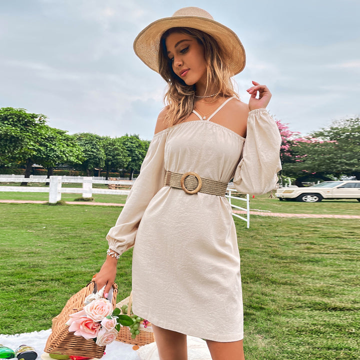 Khaki Cold Shoulder Bishop Sleeve Dress