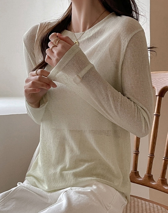 Cream Crew Neck Full Sleeve Fine Knit Top