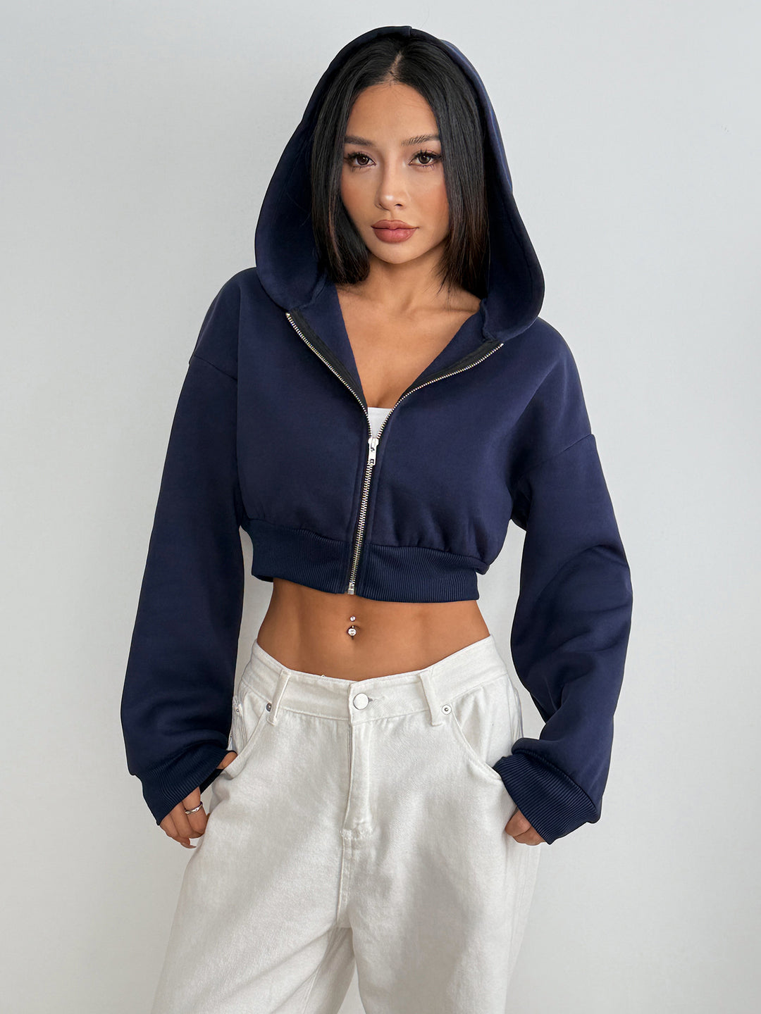 Navy Blue Full Sleeve Front Zip Crop Jacket