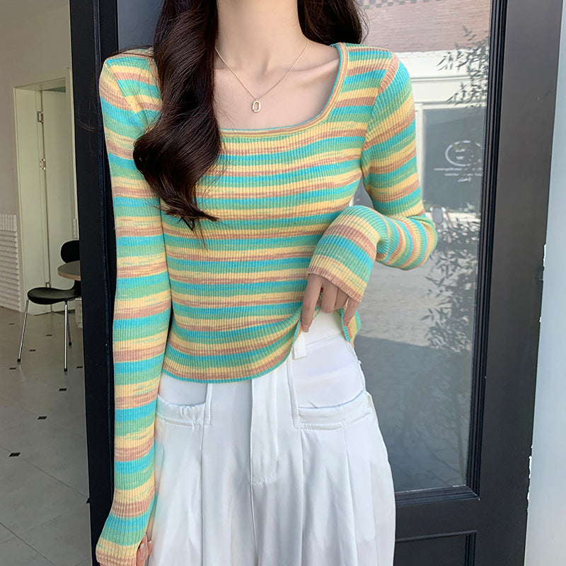 Green Striped Flat Knit Top