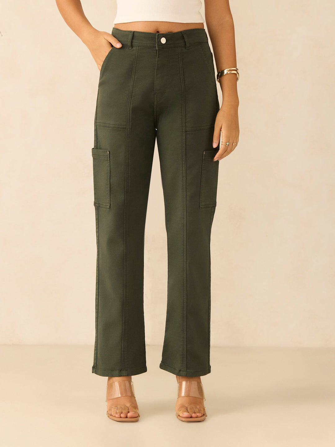 Olive Cargo Style Straight Fit Jeans Pants