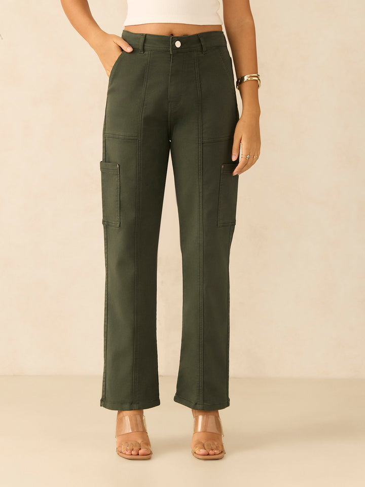 Olive Cargo Style Straight Fit Jeans Pants