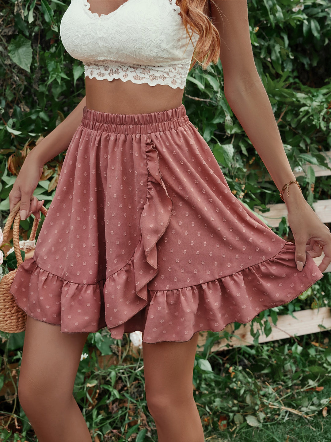 Coral Mini Wrap Skirt With Ruffle Detail
