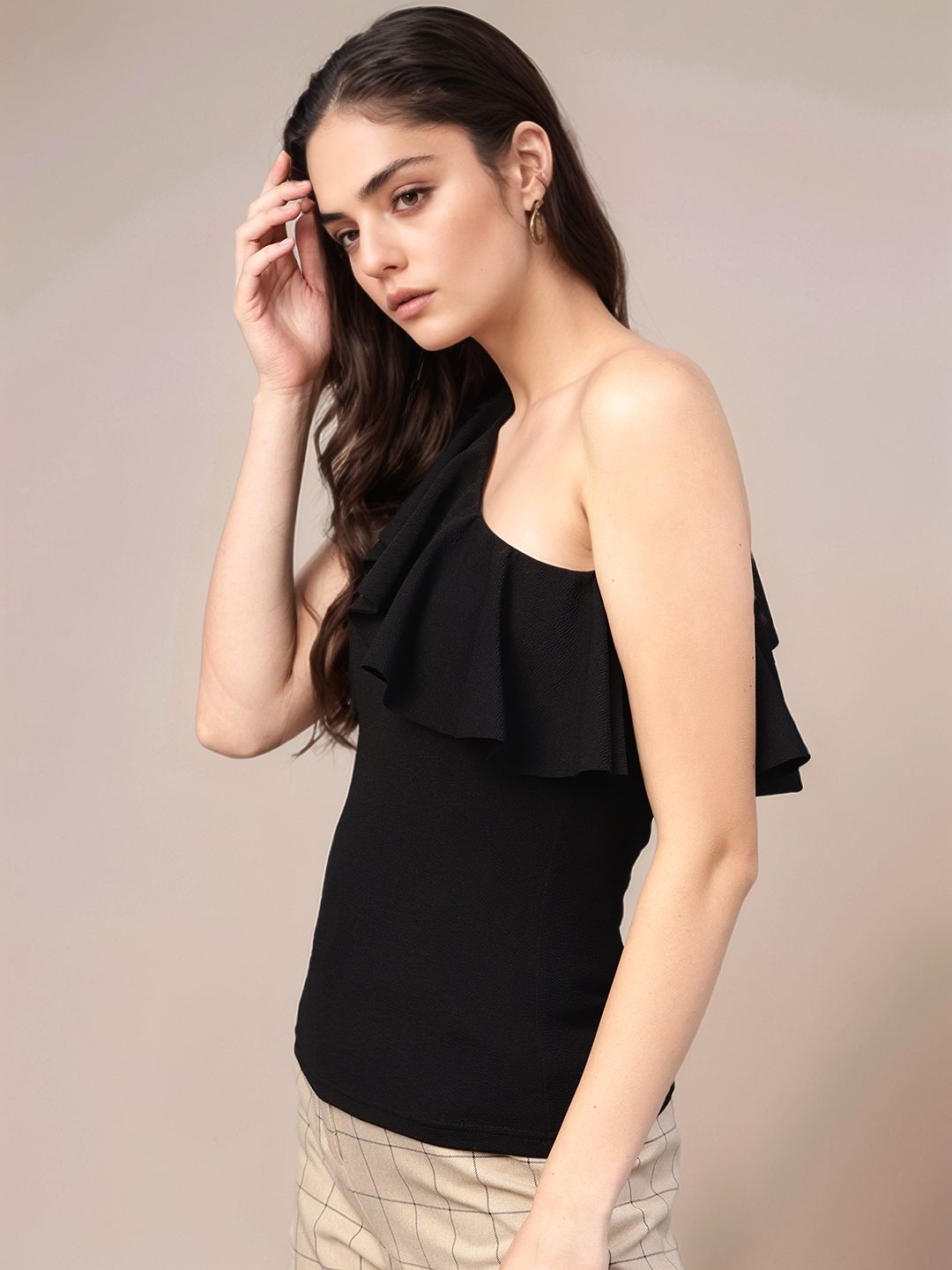 Black One Shoulder Ruffle Neckline Top