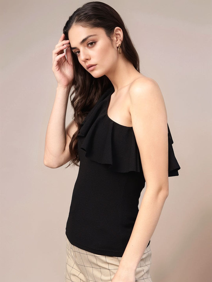 Black One Shoulder Ruffle Neckline Top