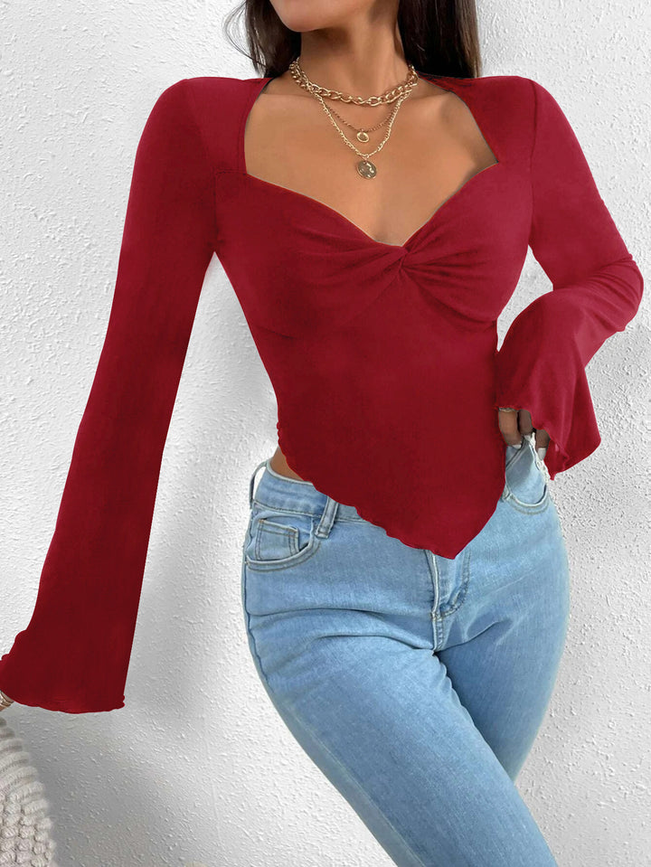 Red Bell Sleeve Asymmetrical Hem Top