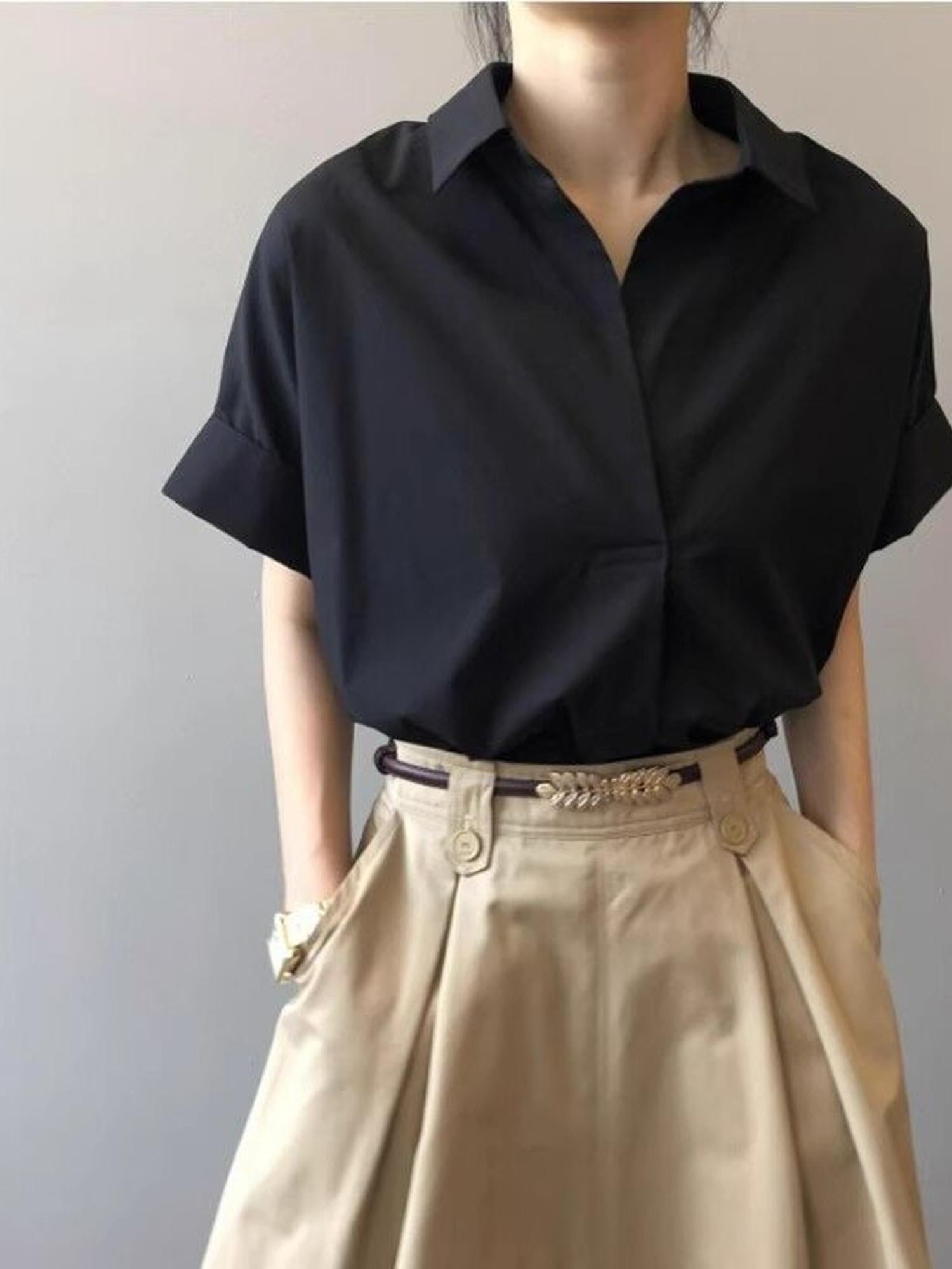 Black Boxy Shirt With Rolled Short Sleeves