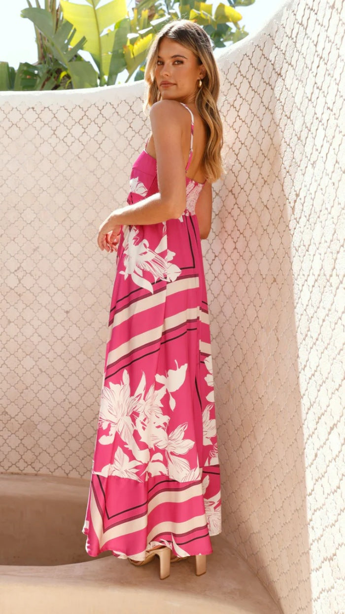 Pink Spaghetti Strap Abstract Printed Dress