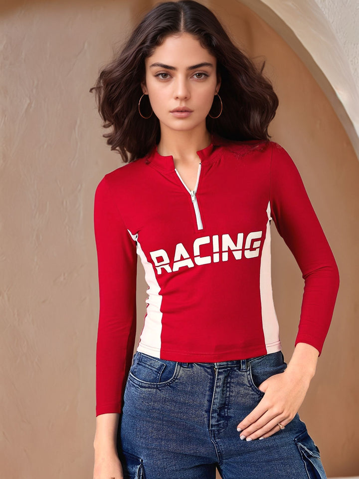 Red Full Sleeve Graphic Print Half Zip Top