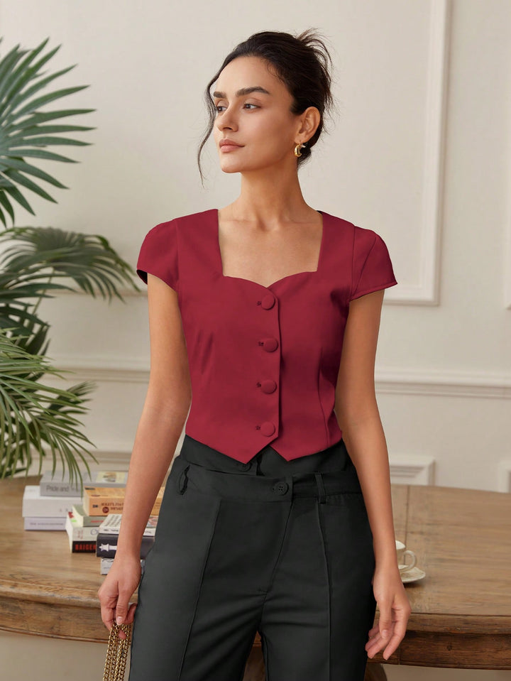 Red Front Button Top