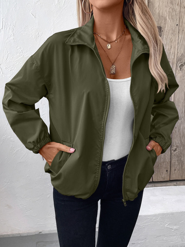 Green Collar Drawstring Waterproof Jacket