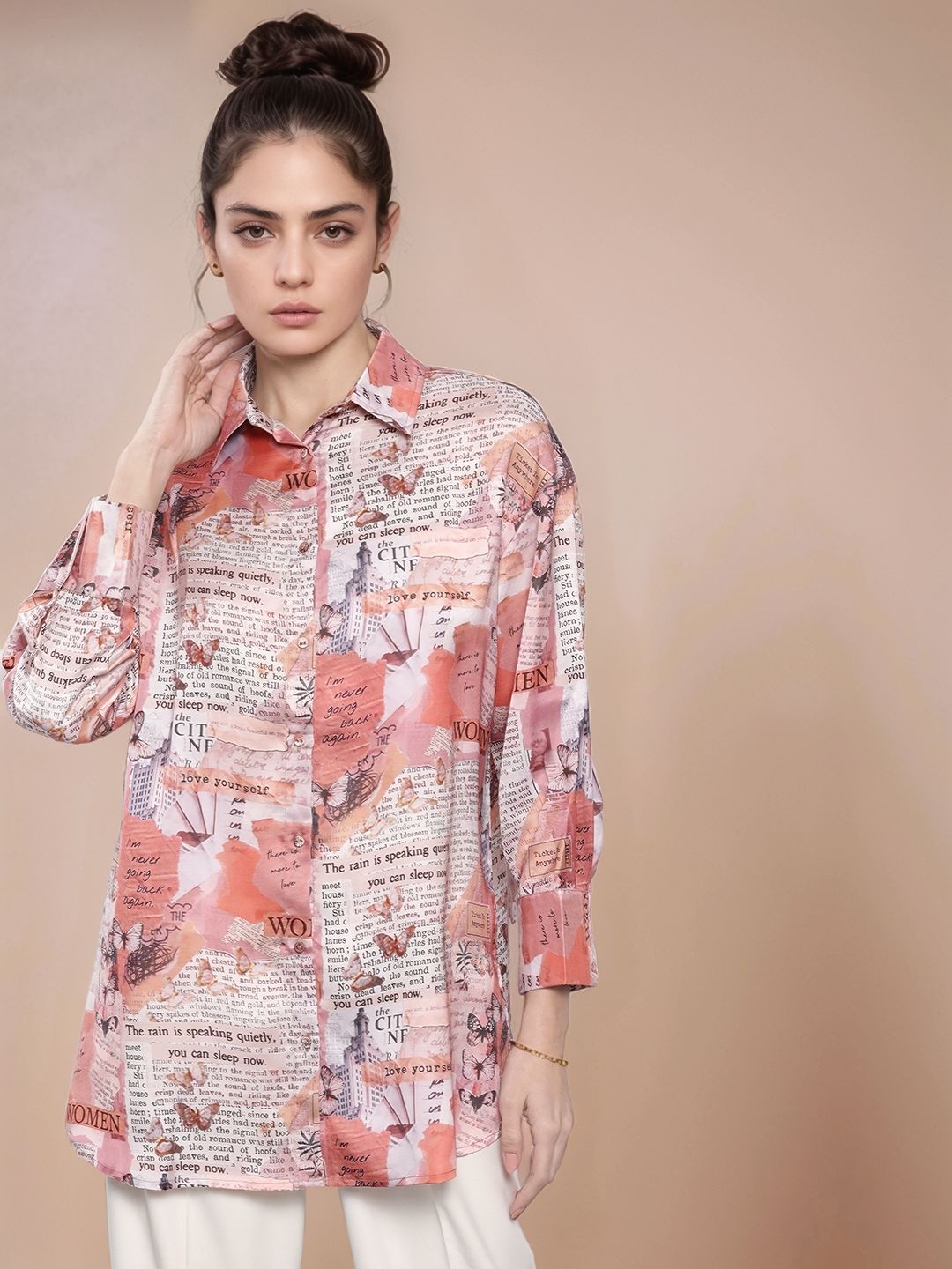 Beige Full Sleeve Abstract Printed Shirt