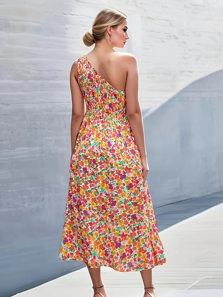 Orange One Shoulder Floral Printed Dress