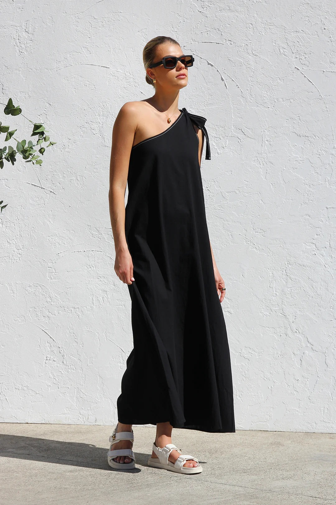 Black One Shoulder Tie-Up Dress