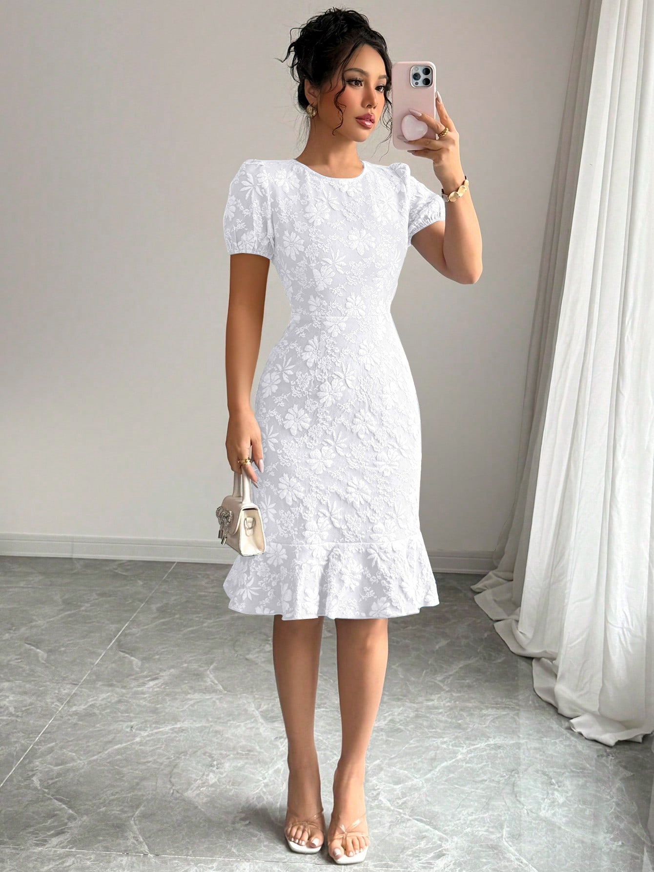 White Short Sleeve Ruffle Hem Dress