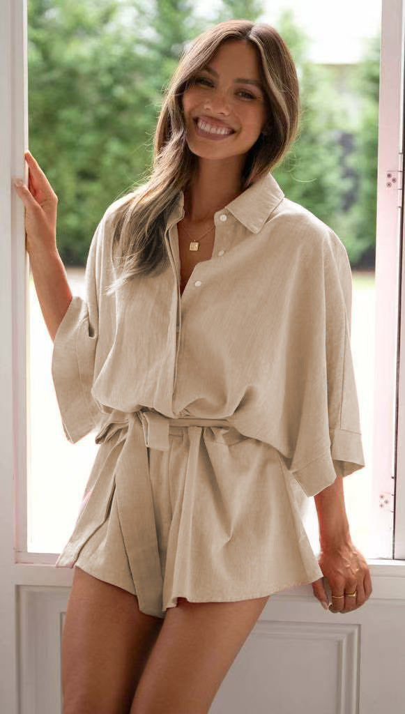 Beige Collared Solid Romper